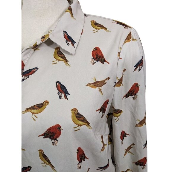 Forever 21 Womens Blouse Button Up Top Shirt Size L Cream All Over Bird Print - Picture 4 of 12